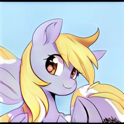 Size: 1024x1024 | Tagged: safe, artist:thisponydoesnotexist, imported from derpibooru, pegasus, pony, ai content, ai generated, generator:thisponydoesnotexist, golden eyes, gray coat, looking at you, neural network, not derpy, simple background, smiling, solo, wings, yellow mane