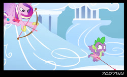 Size: 1288x778 | Tagged: safe, edit, edited screencap, editor:teren rogriss, imported from derpibooru, screencap, princess cadance, spike, alicorn, dragon, pony, dragon dropped, sonic rainboom (episode), arrow, bow (weapon), flying, winged spike, wings