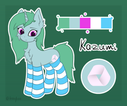 Size: 1536x1280 | Tagged: safe, artist:keupoz, imported from derpibooru, oc, oc only, oc:kazumi, pony, unicorn, cheek fluff, chest fluff, clothes, cutie mark, ear fluff, horn, reference sheet, simple background, socks, striped socks, text, unicorn oc