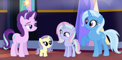 Size: 3132x1544 | Tagged: safe, artist:sunset'stime, imported from derpibooru, starlight glimmer, trixie, oc, oc:cosmic star, oc:radiant blaze, pony, unicorn, adopted daughter, adopted offspring, base used, crack shipping, family, family photo, female, filly, lesbian, magical lesbian spawn, mare, next generation, nextgen:sunverse, offspring, older, older starlight glimmer, older trixie, original character do not steal, parent:starlight glimmer, parent:trixie, parents:startrix, shipping, startrix, twilight's castle