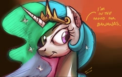 Size: 1406x891 | Tagged: safe, artist:buckweiser, imported from derpibooru, princess celestia, pony, banana, dead meme, food, looking sideways, looking to side, sketch, solo