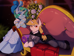 Size: 1578x1200 | Tagged: safe, artist:hakkids2, imported from derpibooru, oc, oc only, oc:clear diamond, oc:regal inkwell, unicorn, aristocrat, cape, clothes, dress, duo, fainting couch, female, husband and wife, male, nobility, smug, straight, suit
