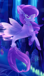 Size: 1021x1762 | Tagged: safe, artist:rosyh9, imported from derpibooru, oc, oc only, seapony (g4), base used, coral, dorsal fin, facial markings, female, fin wings, fins, flowing mane, flowing tail, jewelry, looking at you, necklace, ocean, pale belly, purple eyes, seaquestria, smiling, solo, tail, underwater, water, wings