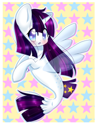 Size: 2162x2773 | Tagged: safe, artist:twily-star, imported from derpibooru, oc, oc only, alicorn, pony, seapony (g4), blue eyes, blushing, clothes, deviantart watermark, dorsal fin, female, fin wings, fish tail, high res, horn, obtrusive watermark, open mouth, purple mane, seaponified, see-through, solo, species swap, tail, watermark, wingding eyes, wings