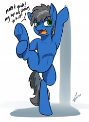 Size: 1912x2608 | Tagged: safe, artist:buckweiser, imported from derpibooru, oc, oc only, oc:buckminster, earth pony, pony, annoyed look, belly button, bipedal, bipedal leaning, collarbone, featureless crotch, holding leg, i pose, leaning, leaning on wall, male, pain, pose, ribcage, solo, stallion, standing, standing on one leg, two toned mane, two toned tail