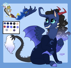 Size: 2121x2048 | Tagged: safe, artist:moccabliss, imported from derpibooru, discord, princess luna, oc, hybrid, female, high res, interspecies offspring, offspring, parent:discord, parent:princess luna, parents:lunacord