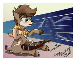 Size: 3692x3000 | Tagged: source needed, useless source url, safe, artist:buckweiser, imported from derpibooru, oc, oc only, oc:echo, deer, birthday gift, female, high res, lap steel guitar, playing instrument