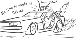 Size: 2000x1000 | Tagged: safe, artist:pizzamovies, imported from derpibooru, oc, oc only, oc:pizzamovies, pony, back to the future, car, delorean, dialogue, looking at you, male, simple background, solo, stallion, vehicle, white background