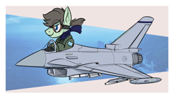 Size: 1230x684 | Tagged: safe, artist:buckweiser, imported from derpibooru, oc, oc only, oc:paradox, birthday gift, clothes, eurofighter typhoon, male, pilot, scarf, stallion