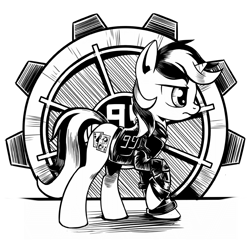Size: 3032x2920 | Tagged: safe, artist:lexx2dot0, imported from derpibooru, oc, oc only, oc:blackjack, pony, unicorn, fallout equestria, fallout equestria: project horizons, series:ph together we reread, black and white, book, clothes, comic, fanfic art, female, grayscale, high res, horn, jumpsuit, mare, monochrome, pipbuck, small horn, solo, unicorn oc, vault, vault security armor, vault suit