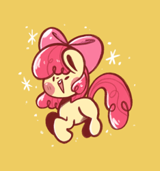 Size: 668x715 | Tagged: safe, artist:typhwosion, imported from derpibooru, apple bloom, earth pony, pony, blush sticker, blushing, bow, chibi, female, filly, hair bow, simple background, solo, sparkles, yellow background