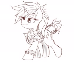 Size: 2048x1707 | Tagged: safe, artist:nozukz, imported from derpibooru, rarity, pony, unicorn, alternate hairstyle, clothes, female, jacket, mare, monochrome, punk, raripunk, smiling, solo, spiked wristband, wristband