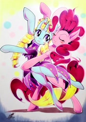 Size: 1452x2048 | Tagged: safe, artist:025aki, imported from derpibooru, four step, pinkie pie, clothes, dancing, dress