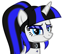 Size: 2286x1959 | Tagged: safe, artist:severity-gray, imported from derpibooru, oc, oc only, oc:coldlight bluestar, pony, unicorn, collar, cutie mark, eyeshadow, horn, looking at you, makeup, ponytail, smiling, smiling at you, smug, solo