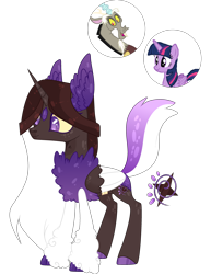 Size: 2562x3323 | Tagged: safe, artist:lilywolfpie, artist:lilywolfpie-yt, imported from derpibooru, discord, twilight sparkle, oc, alicorn, hybrid, high res, interspecies offspring, offspring, parent:discord, parent:twilight sparkle, parents:discolight, simple background, transparent background, twilight sparkle (alicorn), two toned wings, wings