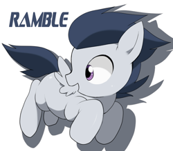 Size: 800x700 | Tagged: safe, artist:oniku, imported from derpibooru, rumble, pegasus, pony, colt, cute, flying, looking back, male, misspelling, simple background, solo, spread wings, text, white background, wings