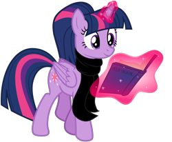 Size: 7189x5921 | Tagged: safe, alternate version, artist:severity-gray, derpibooru exclusive, imported from derpibooru, twilight sparkle, alicorn, pony, alternate hairstyle, book, clothes, cute, cutie mark, female, folded wings, glowing horn, horn, levitation, magic, magic aura, mare, ponytail, scarf, simple background, smiling, solo, telekinesis, transparent background, twiabetes, twilight sparkle (alicorn), vector, walking, wings