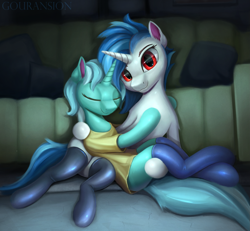 Size: 2023x1872 | Tagged: safe, artist:foxpit, artist:gouransion, imported from derpibooru, dj pon-3, lyra heartstrings, vinyl scratch, pony, unicorn, clothes, duo, duo female, eyes closed, female, horn, latex, latex socks, looking at you, mare, red eyes, socks, stockings, thigh highs