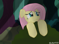 Size: 4032x3024 | Tagged: safe, artist:lordshrekzilla20, imported from derpibooru, fluttershy, pegasus, pony, fanfic:godzilla, bush, crying, everfree forest, fanfic art, hiding, scared, tears of fear, watching
