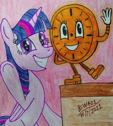 Size: 2142x2386 | Tagged: safe, artist:bsw421, imported from derpibooru, twilight sparkle, alicorn, pony, cartoon, crossover, high res, loki (tv series), looking back, miss minutes, smiling, tara strong, traditional art, twilight sparkle (alicorn), voice actor joke