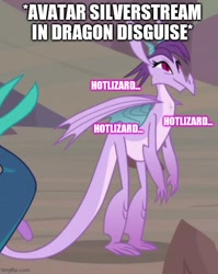 Size: 500x628 | Tagged: safe, edit, edited screencap, imported from derpibooru, screencap, prominence, silverstream, dragon, sweet and smoky, avatar silverstream, avatar the last airbender, background dragon, caption, cropped, disguise, dragoness, female, image macro, implied silverstream, offscreen character, solo focus, text