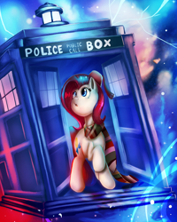 Size: 2000x2500 | Tagged: safe, artist:underdog234, imported from derpibooru, oc, oc only, pegasus, pony, clothes, doctor who, fez, fourth doctor's scarf, hat, high res, police pubic call box, scarf, solo, space, striped scarf