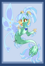 Size: 1258x1828 | Tagged: safe, artist:sapphirescarletta, imported from derpibooru, oc, oc only, classical hippogriff, hippogriff, hybrid, seapony (g4), blue background, blue mane, claws, dorsal fin, female, fin wings, fins, fish tail, open mouth, open smile, seashell necklace, simple background, smiling, solo, tail, wings, yellow eyes