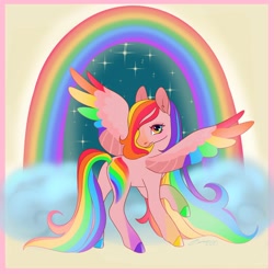 Size: 2000x2000 | Tagged: safe, artist:creeate97, imported from derpibooru, oc, oc only, pegasus, pony, colored hooves, colored wings, high res, looking back, multicolored wings, pride month, rainbow, rainbow eyes, rainbow wings, solo, sparkles, wings