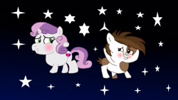 Size: 3264x1836 | Tagged: safe, artist:the double u, imported from derpibooru, pipsqueak, sweetie belle, earth pony, unicorn, fanfic:the knights of the night, fanfic:the six knights of the night, alternate universe, blushing, coat markings, cute, diasweetes, fanfic art, female, foal, male, pinto, shipping, squeakabetes, stars, straight, sweetiesqueak