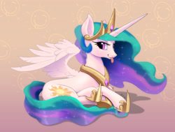 Size: 4263x3228 | Tagged: safe, artist:xbi, imported from derpibooru, princess celestia, alicorn, pony, :p, abstract background, crown, cute, cutelestia, ear fluff, eyeshadow, female, hoof shoes, jewelry, lidded eyes, lying down, makeup, mare, peytral, prone, raspberry, regalia, sillestia, silly, smiling, solo, spread wings, tongue out, wing fluff, wings