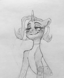 Size: 893x1080 | Tagged: safe, artist:bloodymrr, imported from derpibooru, oc, oc only, pony, unicorn, commission, smiley face, smiling, solo, traditional art