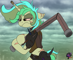 Size: 1266x1050 | Tagged: safe, artist:brainiac, imported from derpibooru, oc, oc only, oc:piper, anthro, unicorn, fallout equestria, commission, ex-raider, female, mystery commission, solo