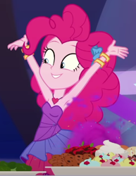 Size: 342x442 | Tagged: safe, imported from derpibooru, screencap, pinkie pie, equestria girls, equestria girls series, twilight under the stars, spoiler:eqg series (season 2), armpits, arms in the air, bare shoulders, bracelet, clothes, cropped, cute, dress, grin, hairband, heart necklace, jewelry, rah rah skirt, skirt, sleeveless, smiling, solo, strapless