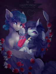 Size: 3418x4496 | Tagged: safe, artist:sweetlynight, imported from derpibooru, oc, oc only, pegasus, pony, unicorn, chest fluff, choker, constellation, curved horn, ear fluff, flower, freckles, heart, horn, night, rose, stars, straw, straw in mouth