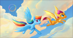 Size: 1920x997 | Tagged: safe, artist:viwrastupr, imported from derpibooru, rainbow dash, smolder, dragon, pegasus, pony, cloud, commission, dragoness, female, flight trail, flying, mare, motion lines, open mouth, sky, sonic rainboom, spread wings, unshorn fetlocks, wings