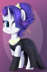 Size: 1584x2400 | Tagged: safe, artist:sakukitty, imported from derpibooru, rarity, pony, unicorn, the gift of the maud pie, alternate hairstyle, audrey hepburn, black dress, breakfast at tiffany's, clothes, cute, dress, female, holly golightly, jewelry, little black dress, mare, necklace, pearl necklace, raribetes, smiling, socks, solo, updo