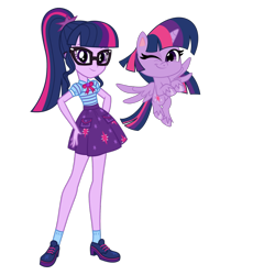 Size: 1024x1024 | Tagged: safe, artist:emeraldblast63, artist:twilirity, edit, imported from derpibooru, sci-twi, twilight sparkle, alicorn, human, pony, equestria girls, equestria girls series, my little pony: pony life, spoiler:eqg series (season 2), clothes, duo, duo female, editor needed, female, flying, g4.5, glasses, human ponidox, one eye closed, pony life, self ponidox, simple background, transparent background, twilight sparkle (alicorn), twolight, vector, wink