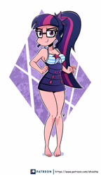 Size: 1857x3230 | Tagged: safe, artist:ohiekhe, imported from derpibooru, sci-twi, twilight sparkle, equestria girls, barefoot, clothes, feet, female, glasses, one-piece swimsuit, ponytail, smiling, solo, solo female, swimsuit, two toned hair