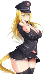 Size: 3621x5120 | Tagged: safe, artist:aryanne, imported from ponybooru, oc, oc only, oc:aryanne, human, blonde, blonde hair, blue eyes, cap, clothes, hat, humanized, looking at you, nazi, panties, peaked cap, pointing, pointing at you, simple background, skirt, socks, solo, thigh highs, transparent background, underwear, uniform