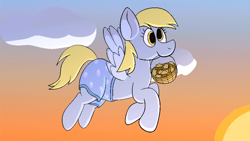 Size: 1920x1080 | Tagged: safe, artist:xppp1n, imported from ponybooru, derpy hooves, pegasus, pony, basket, boxers, clothes, cloud, dithering, female, flying, food, mare, mouth hold, muffin, smiling, solo, spread wings, sun, sunset, underwear, wings