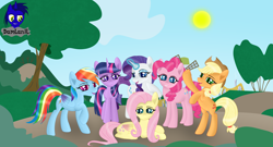 Size: 7680x4154 | Tagged: safe, artist:damlanil, imported from derpibooru, applejack, fluttershy, pinkie pie, rainbow dash, rarity, twilight sparkle, alicorn, earth pony, pegasus, pony, unicorn, applejack's hat, bipedal, bush, city, cowboy hat, cute, dashabetes, diapinkes, eyeshadow, female, frog (hoof), happy, hat, horn, jackabetes, looking at you, lying down, magic, makeup, mane six, mare, open mouth, raised hoof, raribetes, shine, shiny mane, shyabetes, smiling, tree, twiabetes, twilight sparkle (alicorn), underhoof, vector, wings