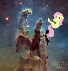 Size: 828x859 | Tagged: safe, artist:benpictures1, imported from ponybooru, fluttershy, pegasus, cute, ears, floppy ears, irl, photo, pillars of creation, shocked expression, shyabetes, space