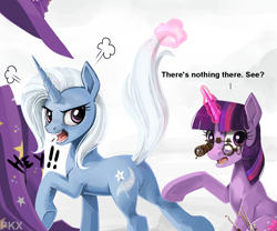 Size: 1200x1000 | Tagged: safe, artist:ponykillerx, trixie, twilight sparkle, pony, unicorn, angry, butt, clothes, dock, eyewear, featureless crotch, female, hat, image, looking back, magic, mare, open mouth, plot, png, sitting, tail lift, telekinesis, the great and powerful ass, trixie's hat, yelling