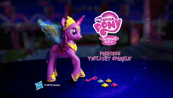 Size: 640x360 | Tagged: safe, imported from derpibooru, twilight sparkle, alicorn, human, pony, 2013, animated, big crown thingy, commercial, crystal princess celebration, electronic toy, element of magic, flapping, hasbro logo, jewelry, let's fly to the castle, official, regalia, sound, target demographic, toy, twilight sparkle (alicorn), webm