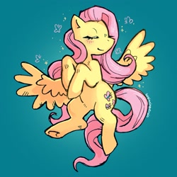 Size: 1735x1735 | Tagged: safe, artist:beginningofrain, imported from derpibooru, fluttershy, pegasus, pony, blushing, cute, eyes closed, female, mare, shyabetes, simple background, solo, spread wings, teal background, wings