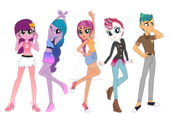 Size: 1280x849 | Tagged: safe, artist:gihhbloonde, artist:hate-love12, artist:katnekobase, imported from derpibooru, hitch trailblazer, izzy moonbow, pipp petals, sunny starscout, zipp storm, equestria girls, base used, belt, boots, bra, bra strap, clothes, converse, deviantart watermark, equestria girls-ified, female, g5, g5 to equestria girls, grin, high heels, jacket, jeans, leather jacket, male, mane five (g5), midriff, obtrusive watermark, one eye closed, pants, shirt, shoes, shorts, simple background, skirt, smiling, sports bra, tanktop, transparent background, underwear, watermark, wink