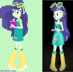 Size: 564x556 | Tagged: safe, artist:gaelponyrdzgamer56, imported from derpibooru, blueberry cake, equestria girls, equestria girls (movie), 3d, book, boots, clothes, comparison, glasses, recreation, remake, shoes, source filmmaker