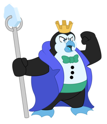 Size: 1024x1192 | Tagged: safe, artist:aleximusprime, imported from derpibooru, king charlatan, bird, penguin, flurry heart's story, bowtie, buttons, clothes, crown, g1, g1 to g4, g1 villains, g4, generation leap, ice, jewelry, penguin king, regalia, robe, scepter, staff, super dragon warriors