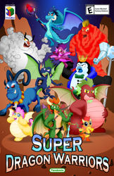 Size: 1500x2318 | Tagged: safe, artist:aleximusprime, imported from derpibooru, grogar, king charlatan, lavan, princess ember, oc, oc:buttercream the dragon, oc:grumblebog, oc:penny the dragon, oc:percy the dragon, oc:sizzle, oc:smelt, bird, demon, dragon, lava demon, penguin, sheep, flurry heart's story, arrow, bell, bloodstone scepter, bow (weapon), bow and arrow, box art, chubby, cloud demon, crown, cute, dragon horns, dragon wings, erebus, female, grogar's bell, ice, jewelry, joybox, lava, male, penguin king, plump, poster, potion, ram, regalia, scepter, spikes, staff, super dragon warriors, sword, video game, weapon, wings