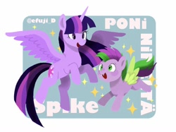 Size: 1024x766 | Tagged: safe, artist:efuji_d, imported from derpibooru, spike, twilight sparkle, alicorn, pegasus, pony, unicorn, a pony named spike, colt, female, finnish, flying, male, mare, poni nimeltä spike, ponified, ponified spike, pony named spike, species swap, twilight sparkle (alicorn)